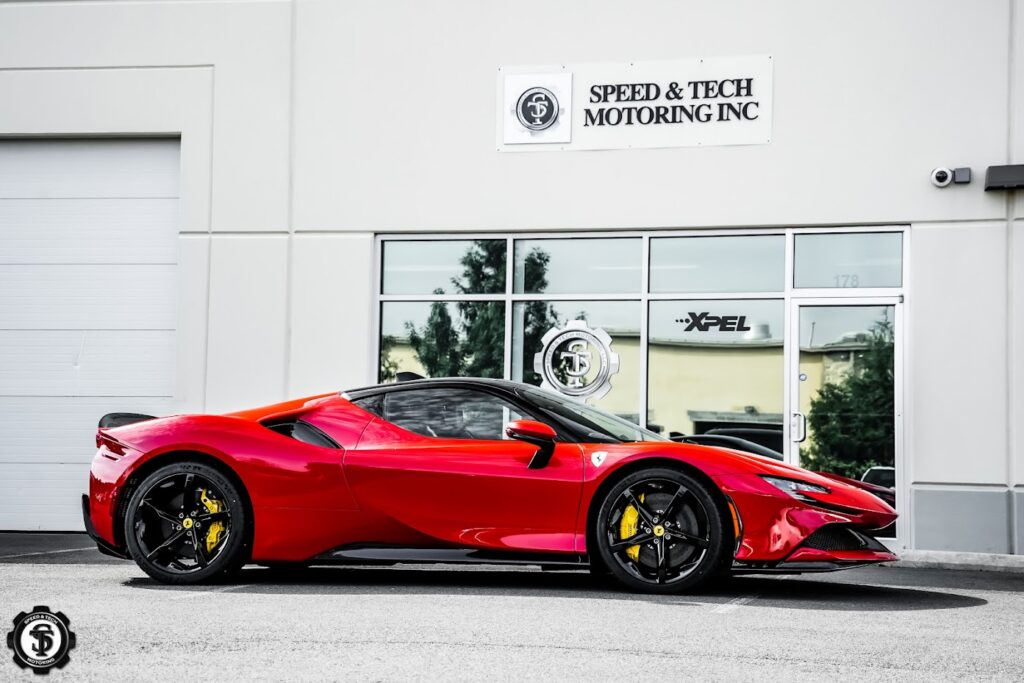 Ferrari SF90 receiving the best auto paint protection film and re-styling services at Speed and Tech Motoring in Sterling, VA