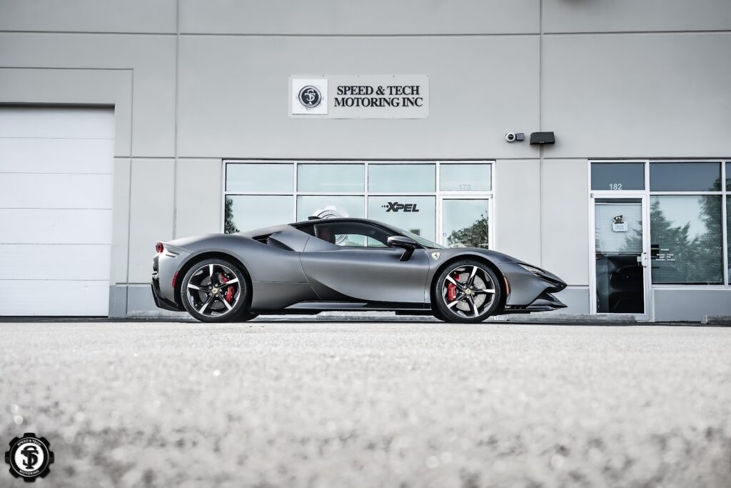 Ferrari SF90 showcasing enhanced auto protection and stylish restyling after service at Speed & Tech Motoring in Sterling, VA