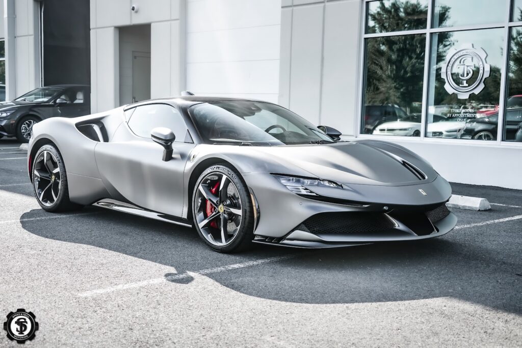 Ferrari SF90 showcasing enhanced auto protection and stylish restyling after service at Speed and Tech Motoring in Sterling, VA.