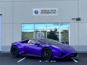 Lamborghini Huracán showcasing premium Custom Vinyl Wraps and stylish restyling after service at Speed & Tech Motoring in Sterling, VA.