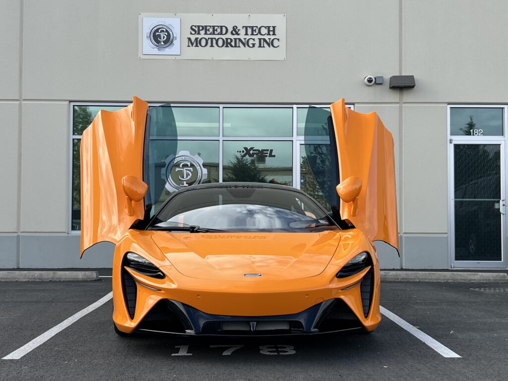 McLaren Artura featuring enhanced auto protection and stylish restyling after service at Speed and Tech Motoring in Sterling, VA.