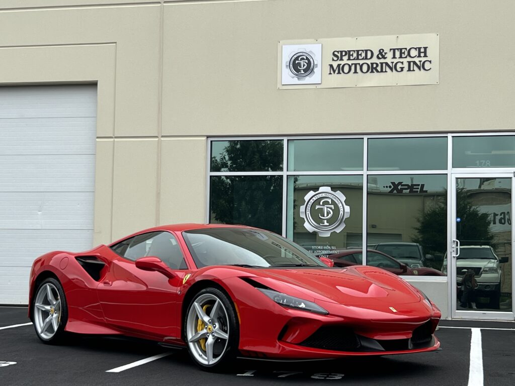 Ferrari F8 featuring enhanced protection and stylish restyling after service at Speed and Tech Motoring in Sterling, VA.