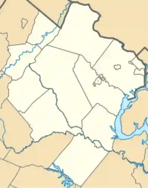 A blank locator map outlining the counties of Northern Virginia, featuring the location of Sterling, Virginia near the Potomac River on the northeastern edge of Loudoun County.